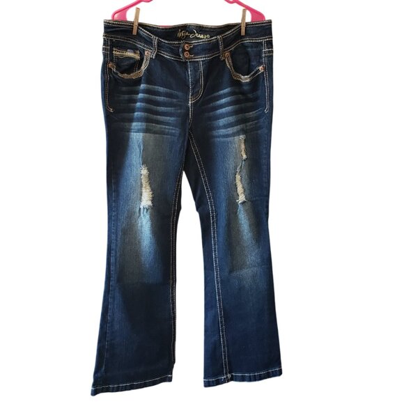 Ariya Jeans Santa Cruz Embroidered Sequins Flare Distressed Blue Denim Sz 16 HOT - Picture 1 of 9